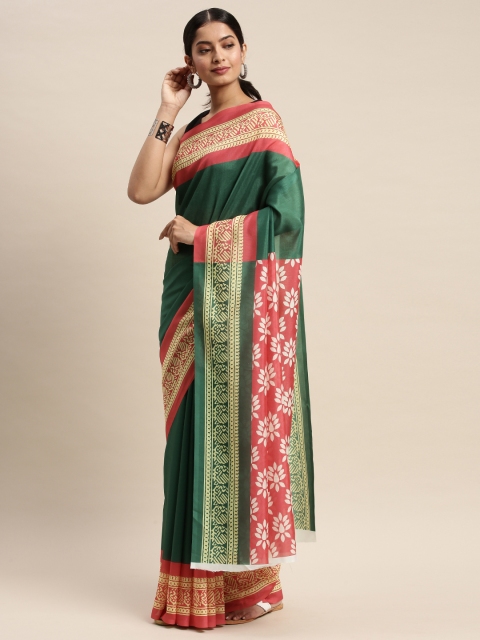 

DIVASTRI Green & Coral Red Silk Blend Solid Saree
