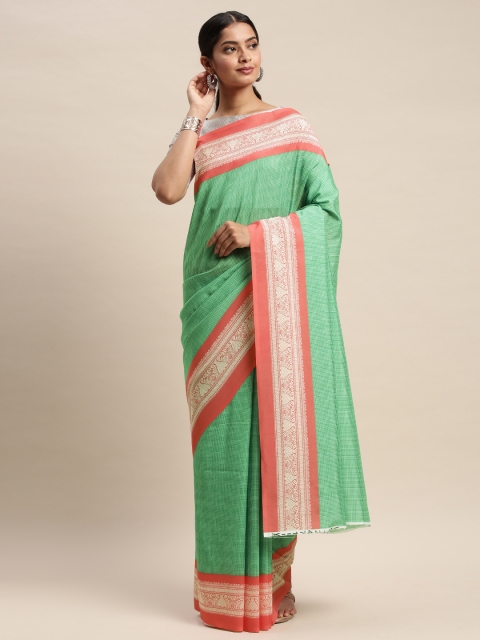 

DIVASTRI Green & White Silk Blend Micro Checked Saree