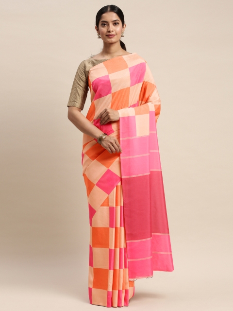 

DIVASTRI Pink & Peach-Coloured Silk Blend Checked Saree