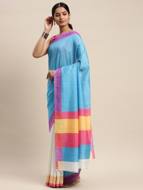 

DIVASTRI Blue & White Silk Blend Solid Half and Half Saree