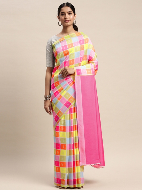 

DIVASTRI Pink & Yellow Silk Blend Checked Saree