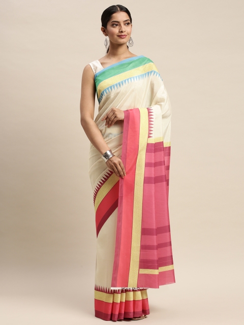 

DIVASTRI Off-White & Pink Silk Blend Solid Saree