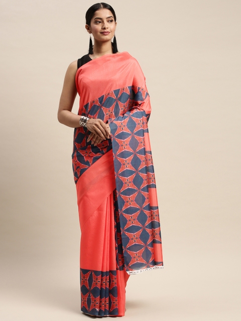

DIVASTRI Peach-Coloured & Blue Silk Blend Printed Saree