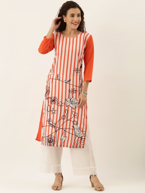 

Tikhi Imli Women Orange & White Striped Straight Kurta