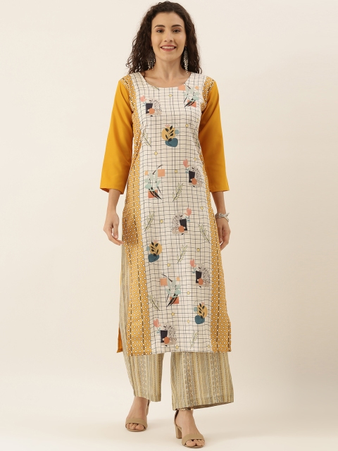 

Tikhi Imli Women White & Mustard Yellow Checked Straight Kurta