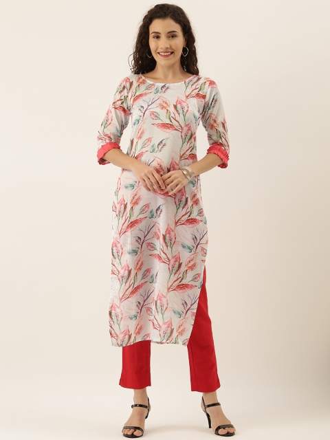 

Tikhi Imli Women White & Pink Printed Straight Kurta