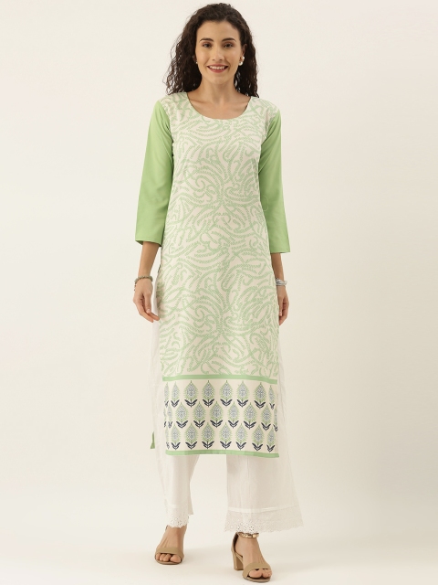

Tikhi Imli Women White & Green Printed Straight Kurta