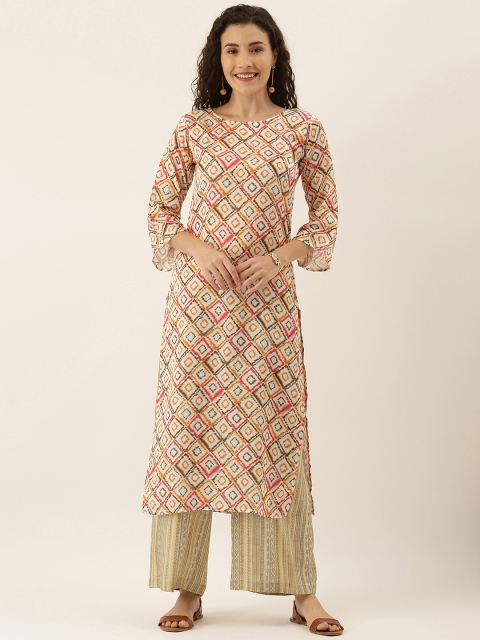 

Tikhi Imli Women White & Orange Printed Straight Kurta