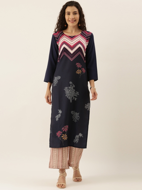 

Tikhi Imli Women Navy Blue & Pink Printed Straight Kurta