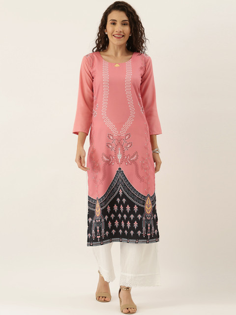 

Tikhi Imli Women Pink & Black Printed Straight Kurta