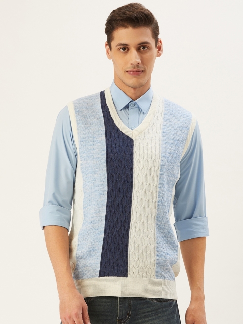 

Pierre Carlo Men Off-White Colourblocked Cable Knit Sweater Vest