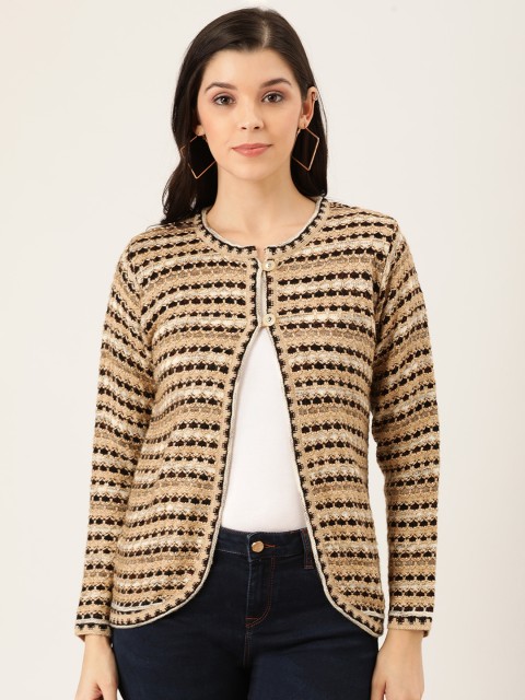 

Pierre Carlo Women Beige & Coffee Brown Self Design Cardigan Sweater