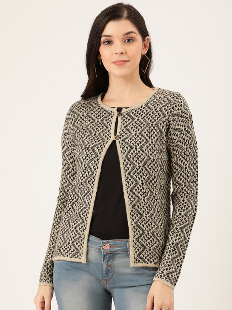 

Pierre Carlo Women Black & Beige Self Design Cardigan