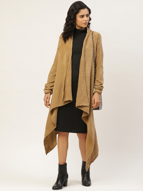 

Pierre Carlo Women Camel Brown Solid Front-Open Acrylic Longline Asymmetric Sweater