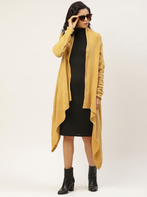 

Pierre Carlo Women Mustard Yellow Solid Front-Open Acrylic Longline Asymmetric Sweater