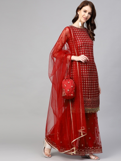 

Readiprint Fashions Red & Golden Net Semi-Stitched Dress Material with Potli Clutch