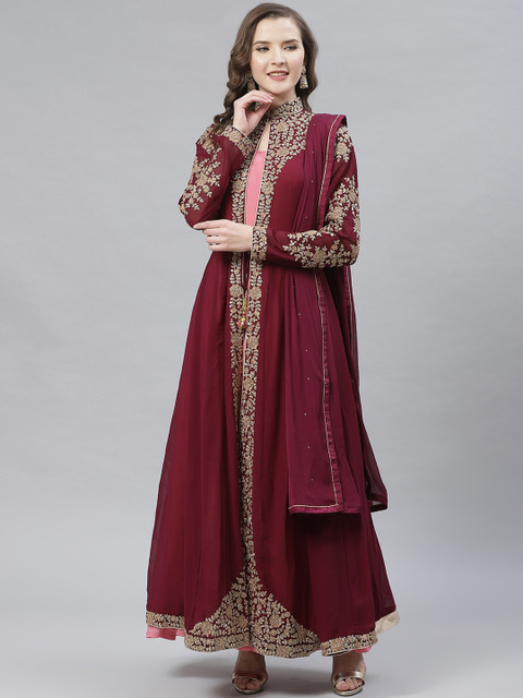 

Readiprint Fashions Burgundy & Golden Georgette Semi-Stitched Dress Material