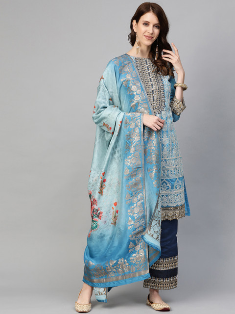 

Readiprint Fashions Blue Zari Embroidred Unstitched Dress Material