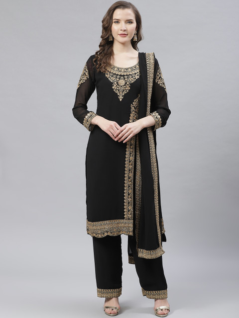 

Readiprint Fashions Black & Golden Georgette Embroidered Semi-Stitched Dress Material