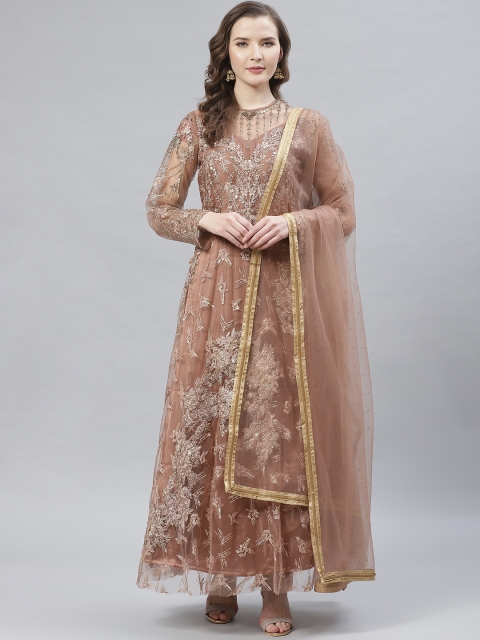 

Readiprint Fashions Brown & Silver Net Embroidered Semi-Stitched Dress Material, Nude