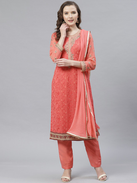 

Readiprint Fashions Coral Pink & Golden Embroidered Unstitched Dress Material
