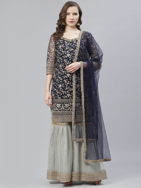 

Readiprint Fashions Navy & Golden Embroidered Net Semi-Stitched Dress Material, Navy blue