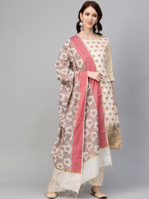 

Readiprint Fashions Cream-Coloured & Red Unstitched Dress Material