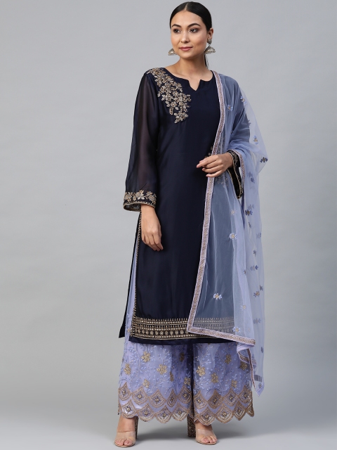 

Readiprint Fashions Navy Blue & Lavender Embroidered Semi-Stitched Dress Material