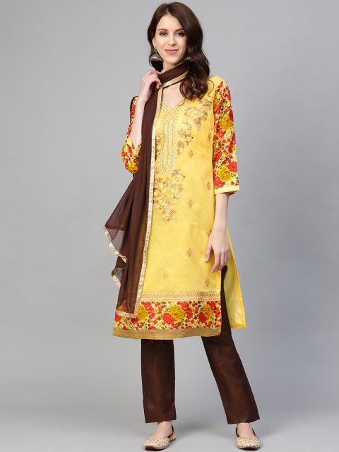 

Readiprint Fashions Yellow & Coffee Brown Embroidered Unstitched Dress Material