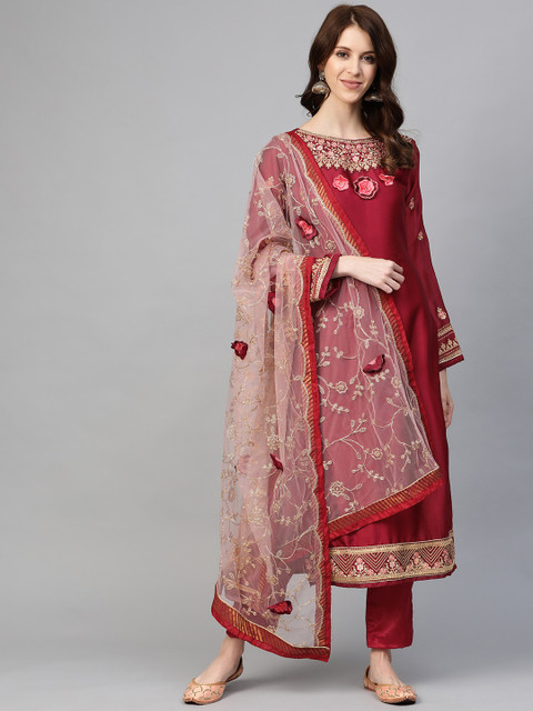 

Readiprint Fashions Maroon & Golden Embroidered Semi-Stitched Dress Material
