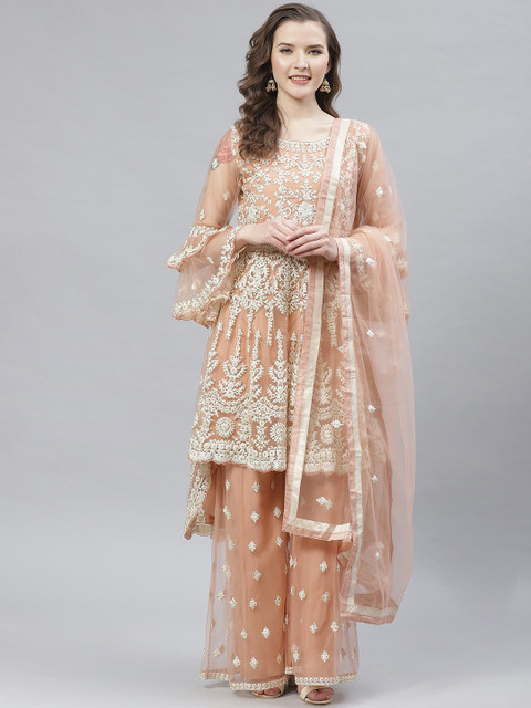

Readiprint Fashions Peach-Coloured & White Net Embroidered Semi-Stitched Dress Material