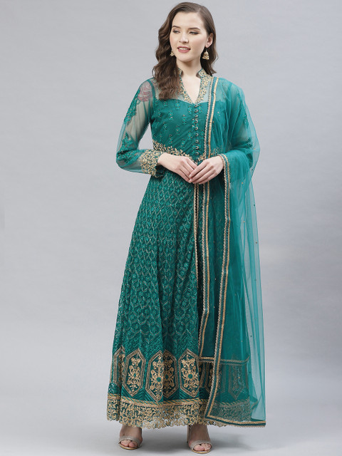 

Readiprint Fashions Teal Green & Golden Net Embroidered Semi-Stitched Dress Material