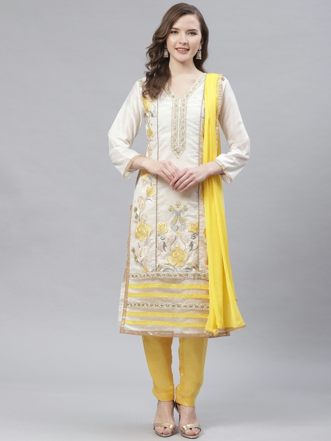

Readiprint Fashions White & Yellow Embroidered Semi-Stitched Dress Material & Dupatta