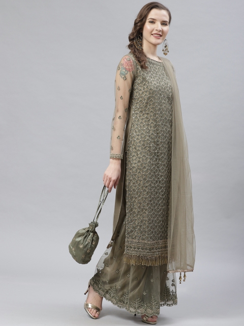 

Readiprint Fashions Olive Green Net Embroidered Semi-Stitched Dress Material