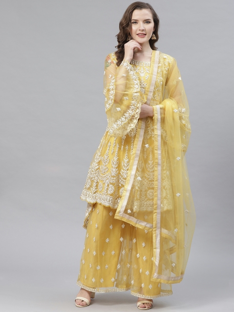 

Readiprint Fashions Yellow & White Net Embroidered Semi-Stitched Dress Material