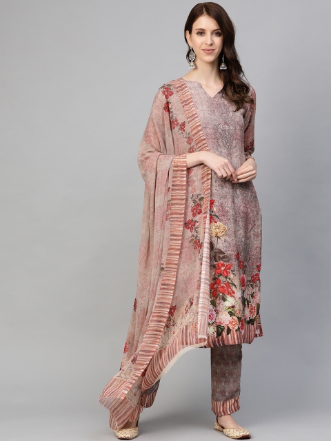 Readiprint Fashions Beige & Red Printed Unstitched Dress Material