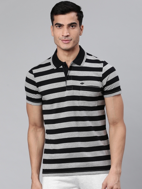 

Sweet Dreams Men Black and Grey Melange Striped Polo Collar Lounge T-shirt