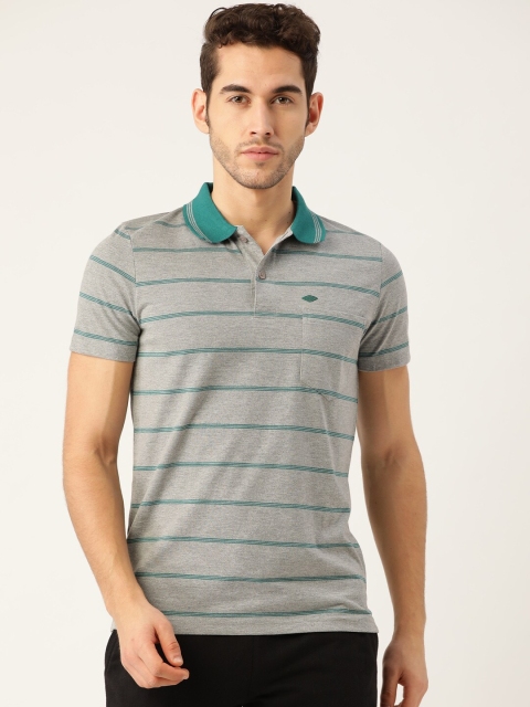 

Sweet Dreams Men Grey Melange & Green Striped Polo Collar Lounge T-shirt