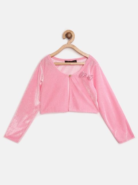 

pspeaches Girls Pink Solid Velvet Finish Crop Button Shrug