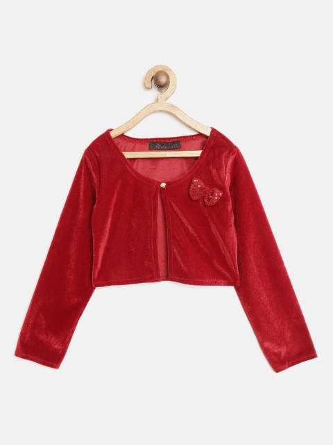 

pspeaches Girls Red Solid Velvet Finish Crop Button Shrug
