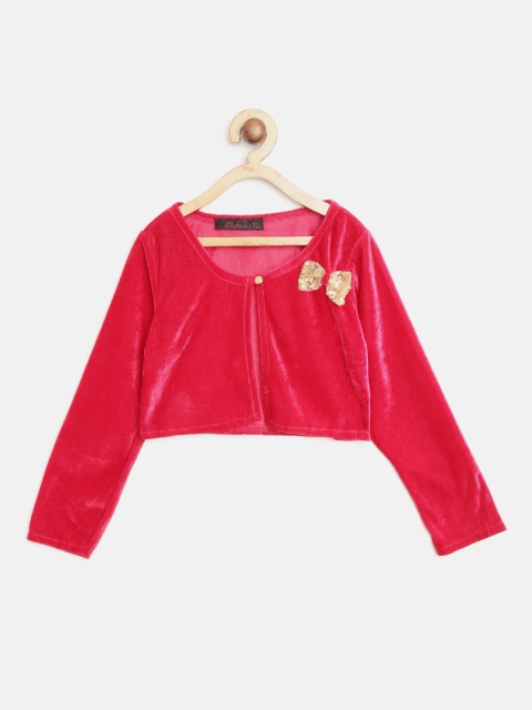 

pspeaches Girls Fuchsia Pink Solid Velvet Finish Crop Button Shrug