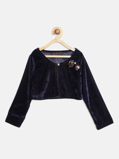 

pspeaches Girls Navy Solid Velvet Finish Crop Button Shrug, Navy blue