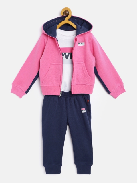 

Levis Girls Pink & Navy Blue Brand Logo Printed T-shirt with Joggers & Sweatshirt