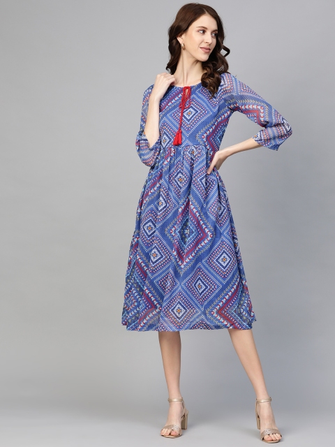 

plusS Women Blue & Red Geometric Printed A-Line Dress