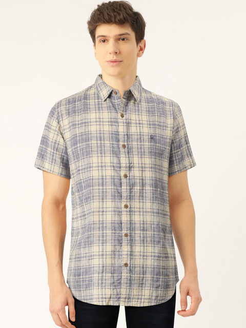 

United Colors of Benetton Men Beige & Blue Slim Fit Checked Casual Shirt