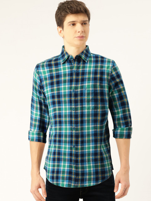 

United Colors of Benetton Men Blue & Green Slim Fit Checked Casual Shirt