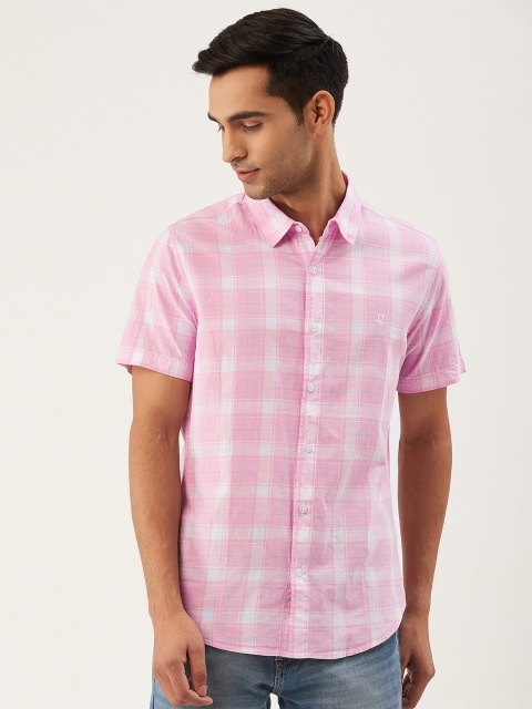 

United Colors of Benetton Men Pink & Off-White Slim Fit Checked Casual Shirt