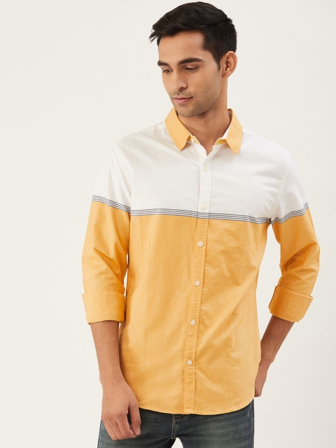 

United Colors of Benetton Men Mustard Yellow & White Slim Fit Colourblocked Casual Shirt