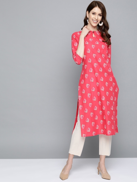 

HERE&NOW Women Coral Pink & Off-White Ethnic Motif Print Straight Kurta