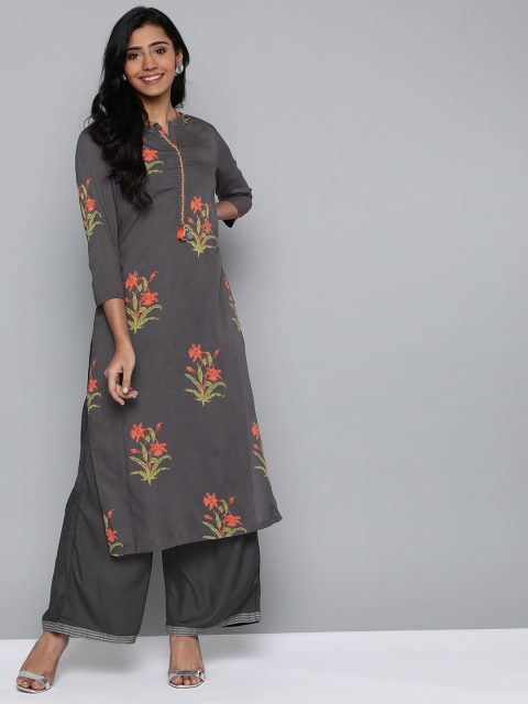 

HERE&NOW Women Charcoal Grey & Orange Floral Printed Straight Kurta